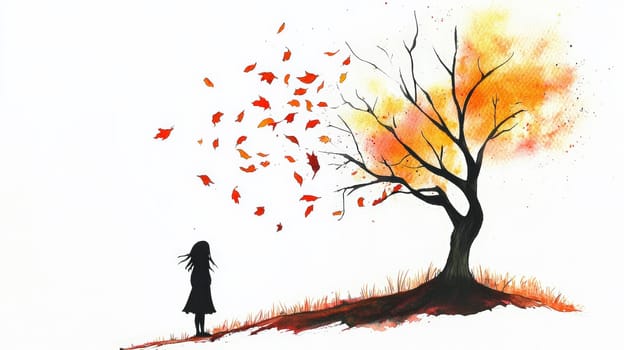 A minimalist watercolor artwork capturing a young girl observing a leafless tree during fall. The girl is illustrated with a single continuous line, giving the scene a delicate and contemplative feel against a clean white background. The piece evokes themes of simplicity, solitude, and seasonal change.