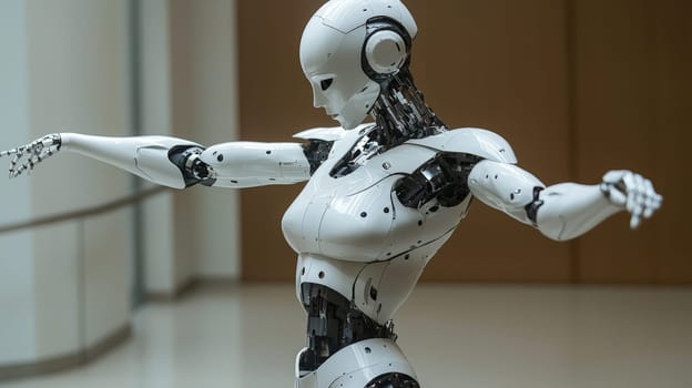 A captivating photo capturing a white robot executing a ballet pose with elegance and precision. The scene combines robotics with the artistry of dance, showcasing the fluidity and grace achievable in modern technology.