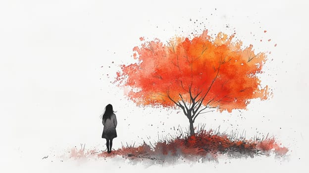 A minimalist watercolor artwork capturing a young girl observing a leafless tree during fall. The girl is illustrated with a single continuous line, giving the scene a delicate and contemplative feel against a clean white background. The piece evokes themes of simplicity, solitude, and seasonal change.