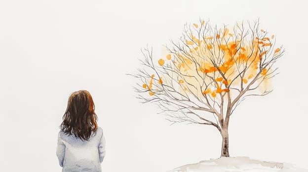 A minimalist watercolor artwork capturing a young girl observing a leafless tree during fall. The girl is illustrated with a single continuous line, giving the scene a delicate and contemplative feel against a clean white background. The piece evokes themes of simplicity, solitude, and seasonal change.