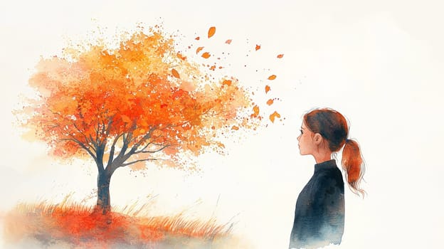 A minimalist watercolor artwork capturing a young girl observing a leafless tree during fall. The girl is illustrated with a single continuous line, giving the scene a delicate and contemplative feel against a clean white background. The piece evokes themes of simplicity, solitude, and seasonal change.