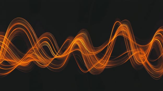 This abstract 3D rendering features intricate sound waves flowing through a dynamic orange and black color scheme. With its hyper-detailed textures and high-resolution contrast, the image captures the fluid motion and energy of sound, blending vivid colors with sharp, detailed lines that evoke a sense of rhythm and movement.