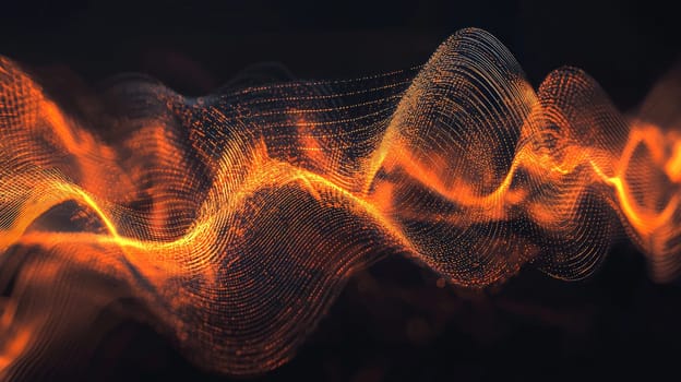 This abstract 3D rendering features intricate sound waves flowing through a dynamic orange and black color scheme. With its hyper-detailed textures and high-resolution contrast, the image captures the fluid motion and energy of sound, blending vivid colors with sharp, detailed lines that evoke a sense of rhythm and movement.