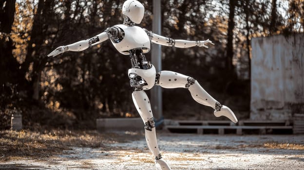 A captivating photo capturing a white robot executing a ballet pose with elegance and precision. The scene combines robotics with the artistry of dance, showcasing the fluidity and grace achievable in modern technology.