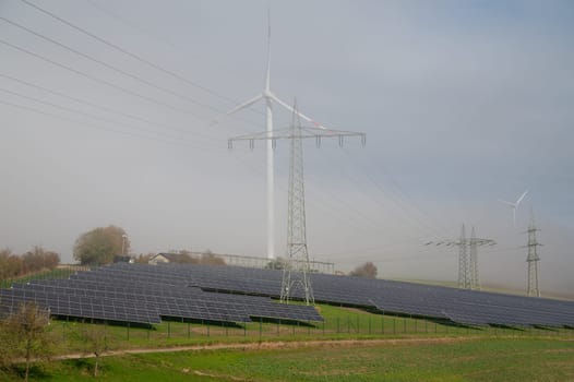 Windmill with solar panel, transformation to renewable sustainable energy, electricity generator, environmental conversation