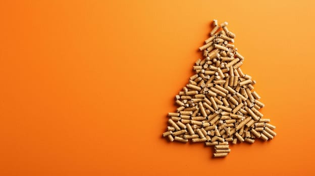 A top-down view showcasing wood pellets carefully arranged to form a Christmas tree on a vibrant orange background. The selective focus emphasizes the natural texture of the pellets while the bright backdrop adds a festive and cheerful holiday feel to the composition.