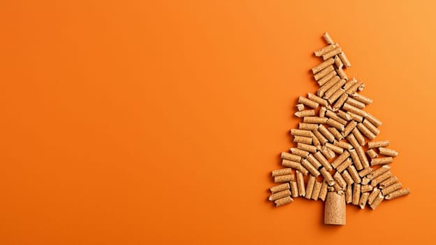 A top-down view showcasing wood pellets carefully arranged to form a Christmas tree on a vibrant orange background. The selective focus emphasizes the natural texture of the pellets while the bright backdrop adds a festive and cheerful holiday feel to the composition.