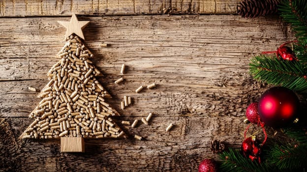 A top-down view of wood pellets meticulously arranged in the shape of a Christmas tree on a rustic wooden background. The selective focus enhances the texture of the pellets and the natural warmth of the wooden surface, creating a cozy and festive holiday atmosphere.