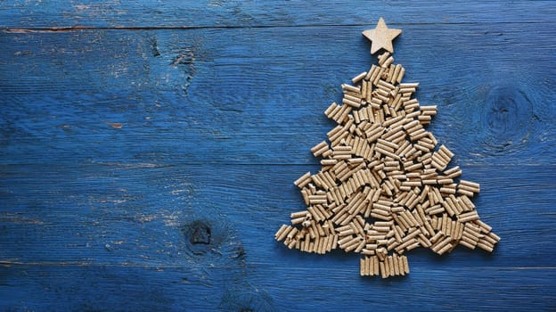 A captivating top-down view of wood pellets arranged in the shape of a Christmas tree, set against a serene blue festive background. The selective focus highlights the natural texture of the pellets, creating a minimalist yet festive holiday design.