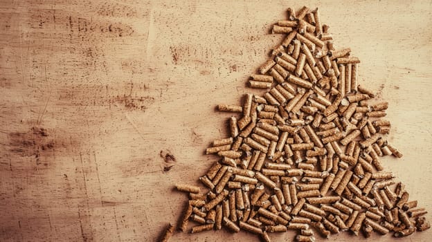 A top-down view of wood pellets meticulously arranged in the shape of a Christmas tree on a rustic wooden background. The selective focus enhances the texture of the pellets and the natural warmth of the wooden surface, creating a cozy and festive holiday atmosphere.