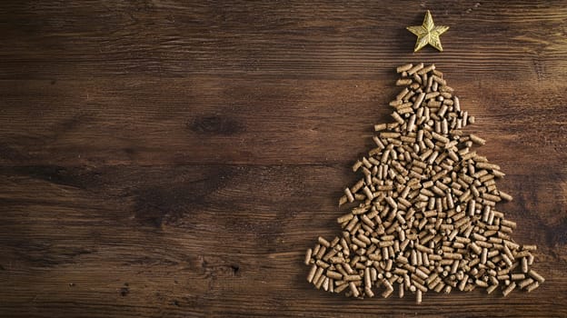 A top-down view of wood pellets meticulously arranged in the shape of a Christmas tree on a rustic wooden background. The selective focus enhances the texture of the pellets and the natural warmth of the wooden surface, creating a cozy and festive holiday atmosphere.
