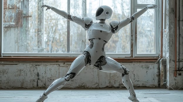 A captivating photo capturing a white robot executing a ballet pose with elegance and precision. The scene combines robotics with the artistry of dance, showcasing the fluidity and grace achievable in modern technology.