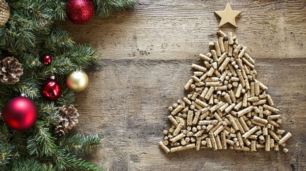 A top-down view of wood pellets meticulously arranged in the shape of a Christmas tree on a rustic wooden background. The selective focus enhances the texture of the pellets and the natural warmth of the wooden surface, creating a cozy and festive holiday atmosphere.