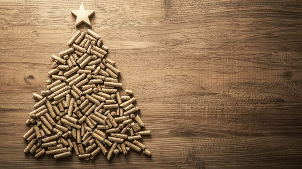 A top-down view of wood pellets meticulously arranged in the shape of a Christmas tree on a rustic wooden background. The selective focus enhances the texture of the pellets and the natural warmth of the wooden surface, creating a cozy and festive holiday atmosphere.