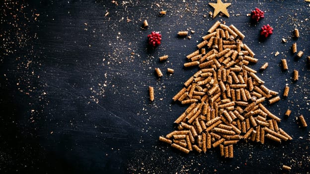 A captivating top-down view of wood pellets arranged in the shape of a Christmas tree, set against a serene blue festive background. The selective focus highlights the natural texture of the pellets, creating a minimalist yet festive holiday design.
