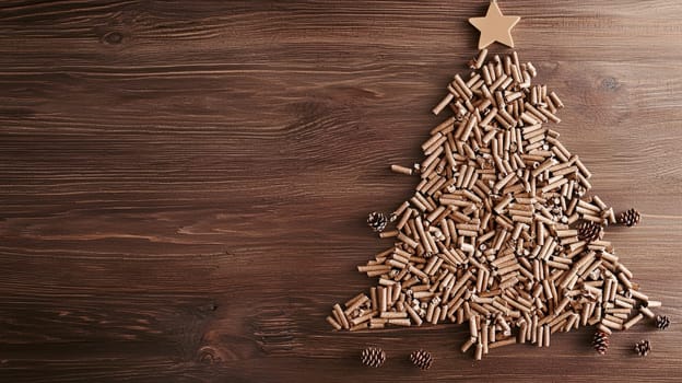 A top-down view of wood pellets meticulously arranged in the shape of a Christmas tree on a rustic wooden background. The selective focus enhances the texture of the pellets and the natural warmth of the wooden surface, creating a cozy and festive holiday atmosphere.