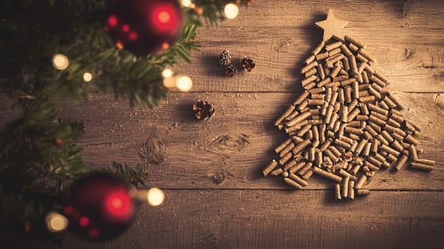 A top-down view of wood pellets meticulously arranged in the shape of a Christmas tree on a rustic wooden background. The selective focus enhances the texture of the pellets and the natural warmth of the wooden surface, creating a cozy and festive holiday atmosphere.