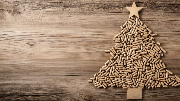 A top-down view of wood pellets meticulously arranged in the shape of a Christmas tree on a rustic wooden background. The selective focus enhances the texture of the pellets and the natural warmth of the wooden surface, creating a cozy and festive holiday atmosphere.
