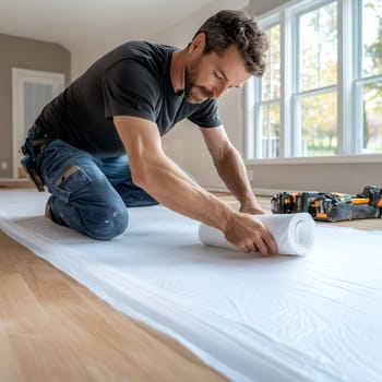 Man unrolling floor underlay in a bright room, preparing for flooring installation.