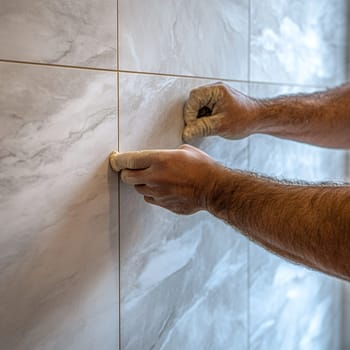 Hands carefully placing tiles on a wall, showcasing the precision of tile installation work.