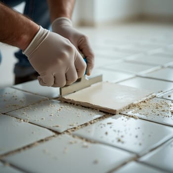 Hands of a worker tiling a floor with precision, focusing on craftsmanship and attention to detail in home improvement.