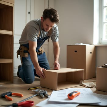 A man in overalls assembles furniture, focusing intently on the task, surrounded by tools and instruction manuals.