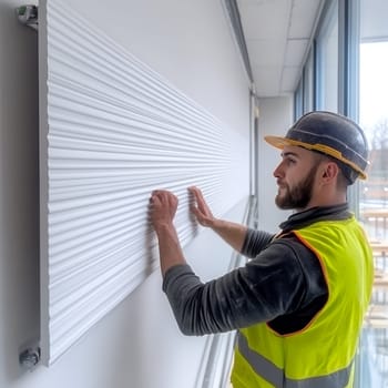 A construction worker installs wall panels, focusing on precision and craftsmanship in a modern building setting.