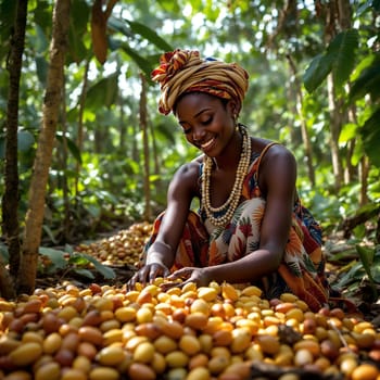 Smiling woman in traditional attire harvesting fruits in a lush forest, celebrating nature and culture.