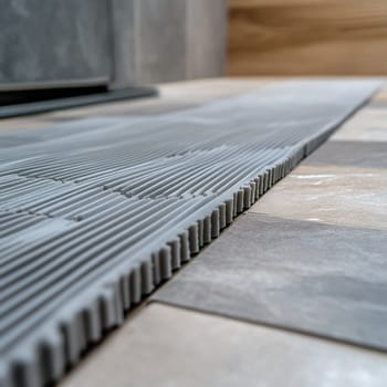 Detailed view of textured tile flooring being installed with precision, showcasing home improvement skills.