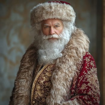 An older gentleman with a flowing beard wears a luxurious Santa outfit showcasing intricate details surrounded by a warm inviting atmosphere.