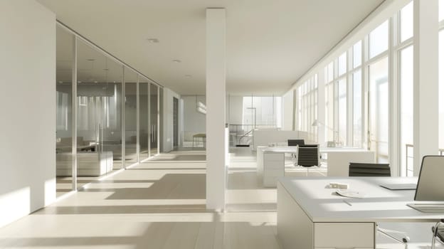 A minimalist work area with an open floor plan