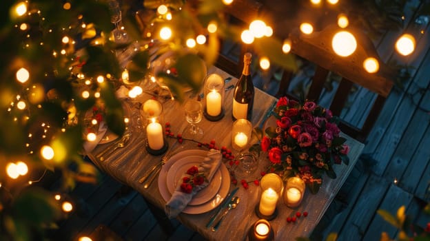 A romantic dinner setup with fairy lights and flowers, captured from a high angle