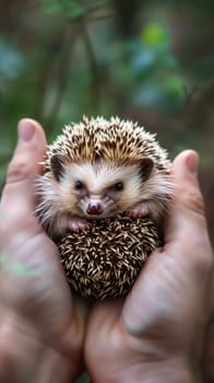 A tiny baby hedgehog curled into a ball