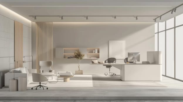 A minimalist work environment with neutral color scheme and minimalist furnishings