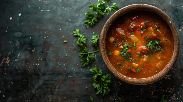 Aerial shot of a rotating bowl of soup with ample copy space