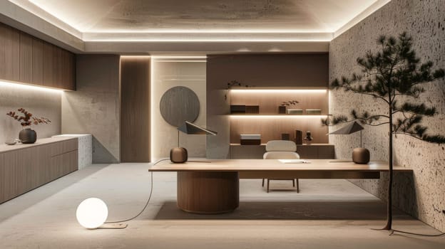A minimalist office design with minimalist lighting and simple furnishings