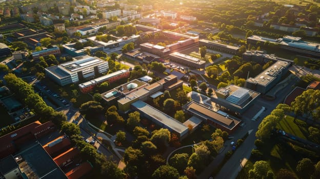Aerial view of a city's educational institutions