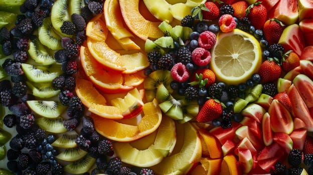 A vibrant fruit salad rotating gracefully from above