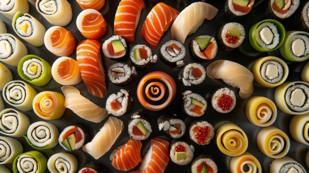Abstract arrangement of spinning sushi rolls in an abstract pattern