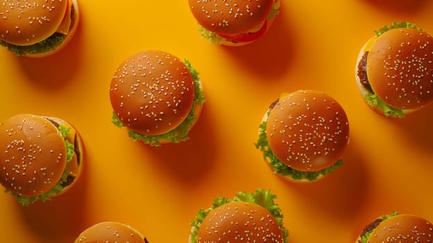 Aerial view of a rotating plate of burgers with copy space
