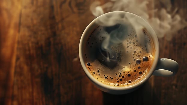 A steaming cup of coffee shot from above