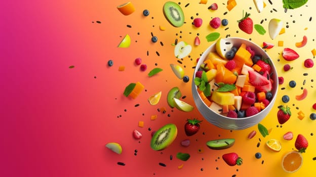 Abstract color background with a spinning bowl of fruit salad