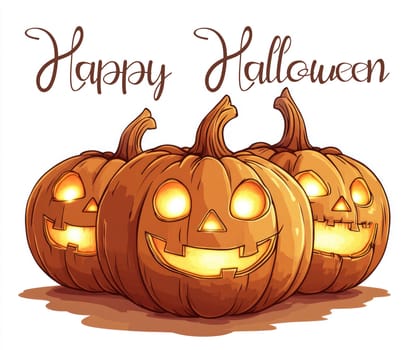 Happy Halloween card. Greeting banner with pumpkin characters and lettering. Cute pumpkins with glowing eyes and smiles with congratulations