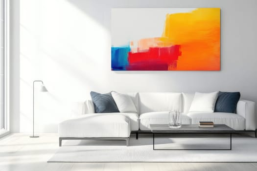 Modern living room with light walls and sofa filled with daylight. Simple minimalist living room interior in pastel colors with an accent bright wall painting with abstraction