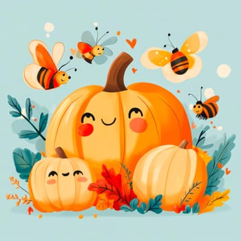 Kawaii pumpkins surrounded by flying bees. Cute autumn illustration with pumpkins characters with herbs and foliage for baby card or poster