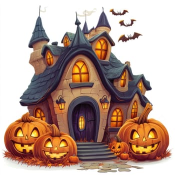 Cute medieval stone house decorated with halloween pumpkins. Funny fairytale fortress with towers