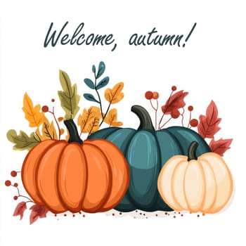 Welcome, autumn! Autumn card with pumpkins, fall leaves and berries and words of welcome