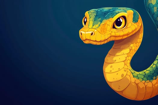Year of the snake template with place for text. Banner with snake on blue background for New Year 2025. Reptile, colorful snake with orange belly