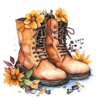 Boots with flowers cozy autumn watercolor illustration on white background. Cute composition with flowers, herbs and lace-up boots