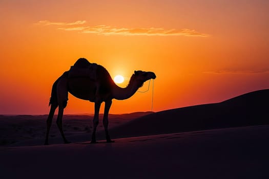 Silhouette of camel in the desert at sunset. Horizontal background of arid desert dunes with lone camel